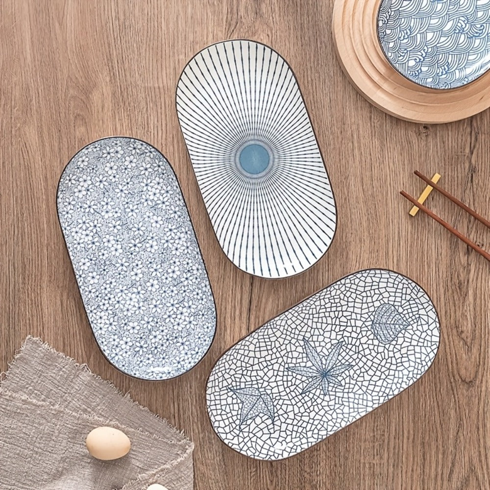 Japanese Blue White Porcelain Fish Plates Set of 4 ¨C 12 Inch Ceramic Serving Plates, Microwave & Oven Safe Steaming Baking Tableware