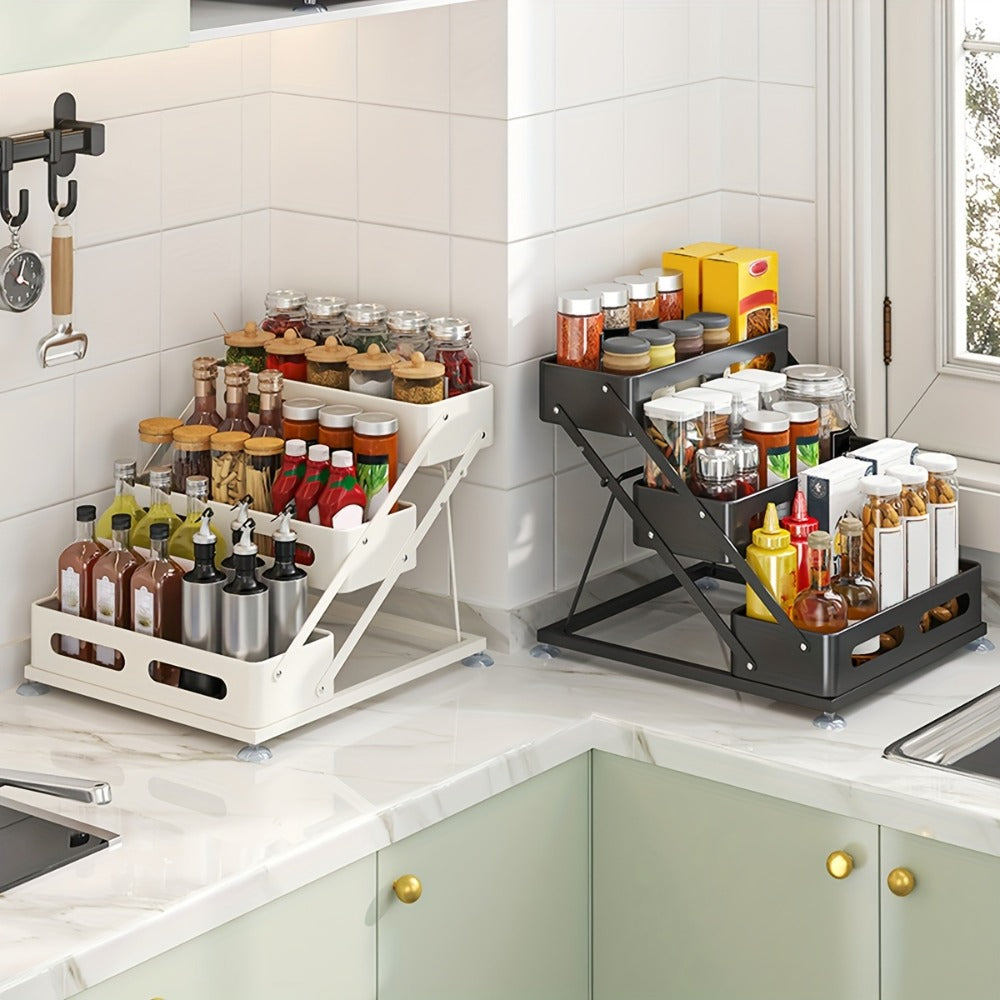 3-Tier Foldable Spice Rack Organizer with Safety Rails - Space-Saving Countertop & Cabinet Storage for Kitchen Pantry, Durable Metal Finish, Sturdy Construction
