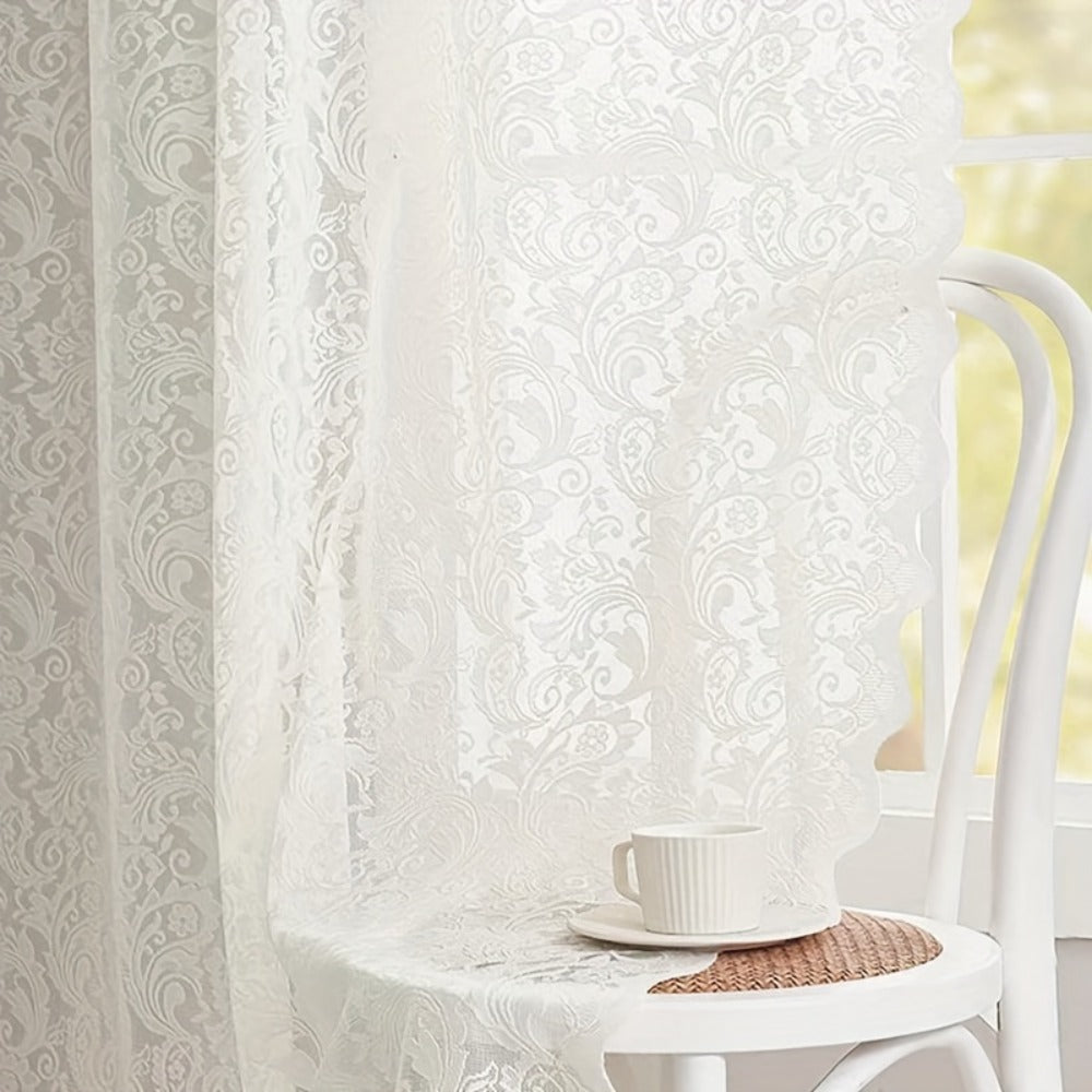 Sheer Curtain Rod Pocket Floral Lace Semi-Sheer Window Panel for Living Room Bedroom Kitchen Bathroom, 100% Polyester, Machine Washable, White Light Green Coffee