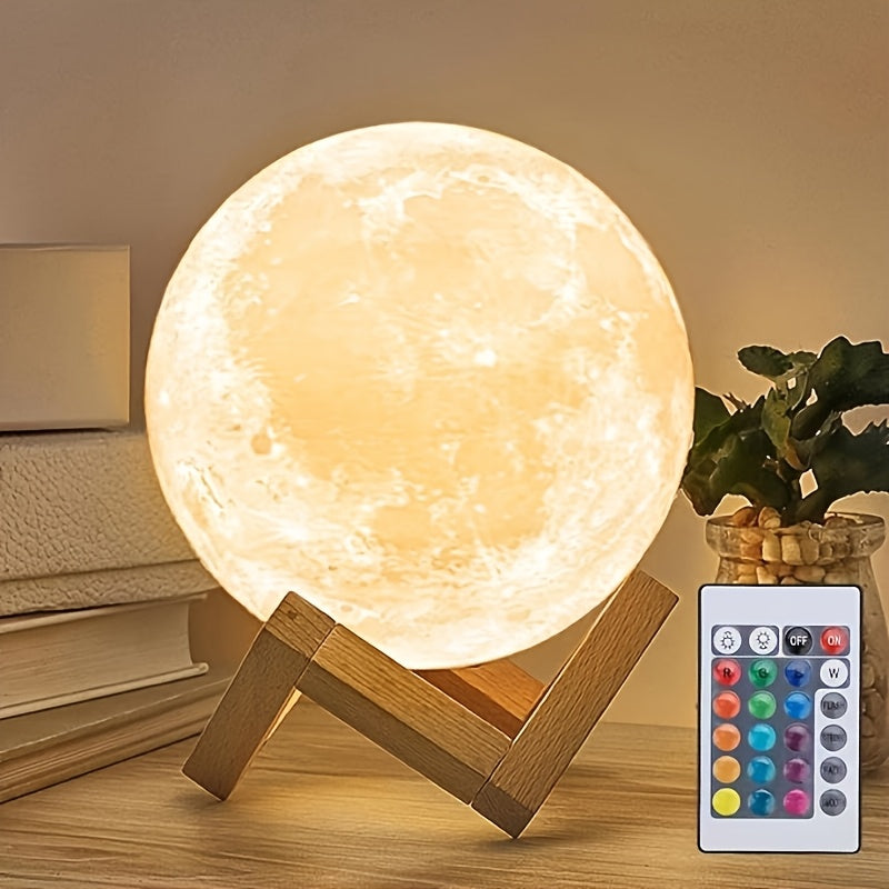 Moon Lamp 16-Color RGBW LED Night Light - 3D Printed 6.1¡± Realistic Moon with Remote Control & Wooden Stand, USB Powered Bedside Lamp for Bedroom Decor, Birthday Gift for Women, Moms & Friends