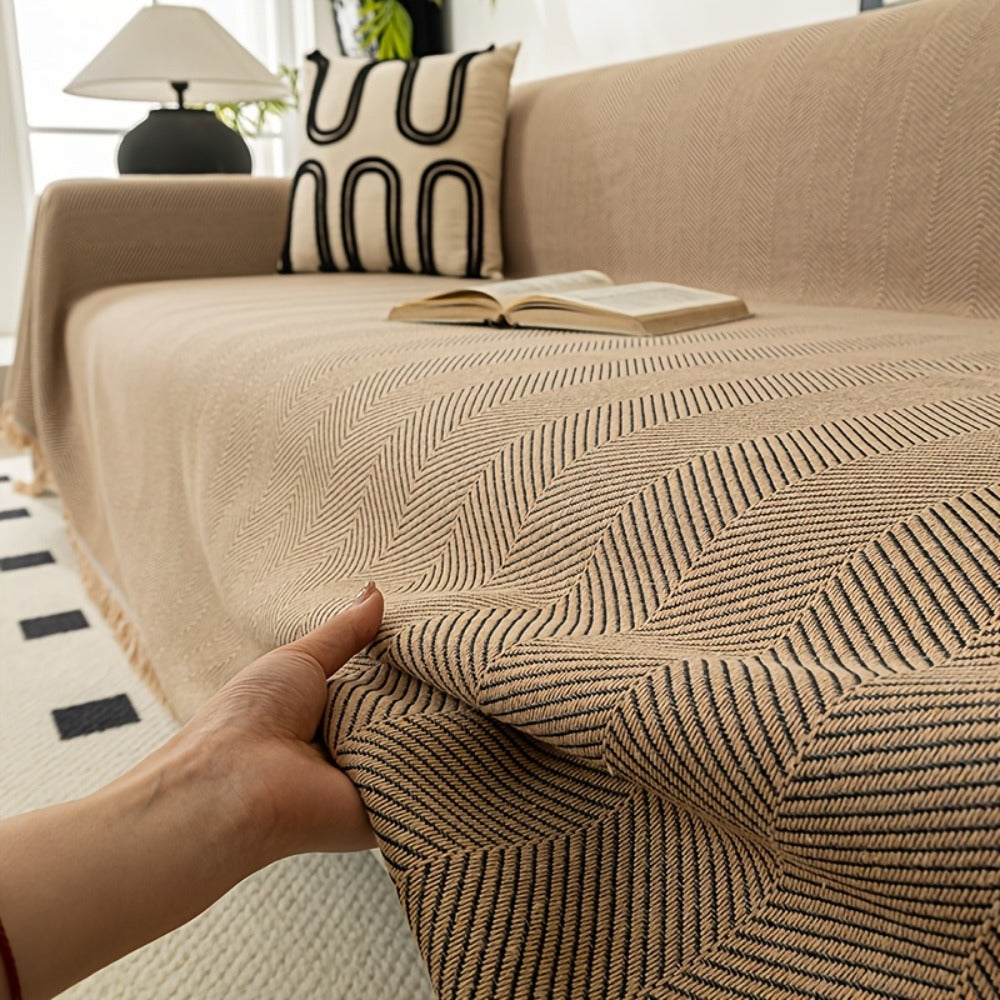 Herringbone Sofa Throw Cover with Tassels Jacquard Woven Solid Color Washable Polyester Sofa Blanket Slipcover for 3 4 Seater Couch Living Room - Grey Coffee Green Blue
