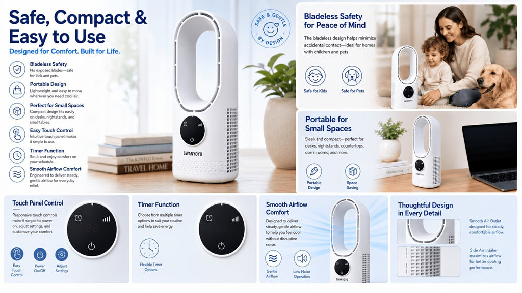 Portable Bladeless Fan USB Tower Fan, Desktop Air Conditioner Fan with Water Mist Cooling, Remote Control, Touch Screen, 7-Color LED Ambient Light and Timer, Personal Cooling Fan for Office, Travel, Camping, Home