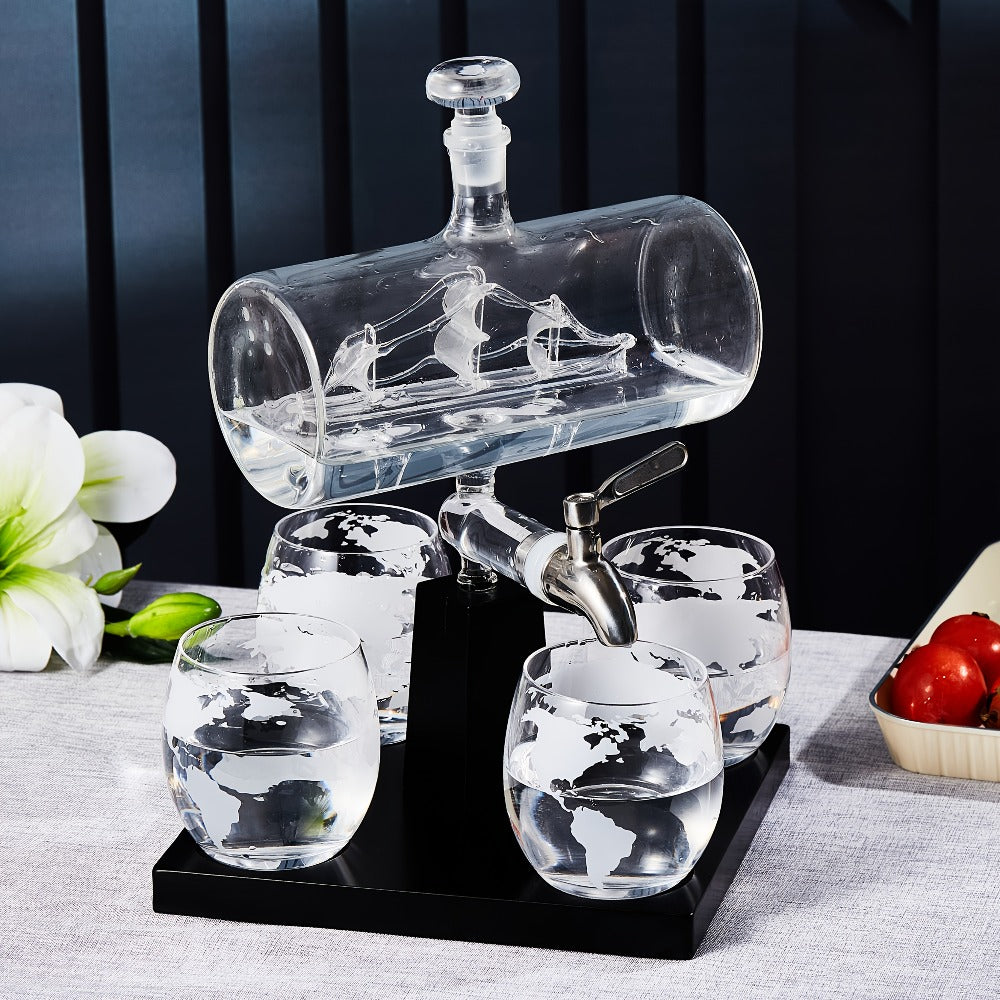 Whiskey Decanter Set with Glasses and Wooden Stand Ball Globe 28oz or Sailboat 44oz Etched Crystal Glass Cups for Whiskey Bourbon Scotch Birthday Wedding Anniversary Gift