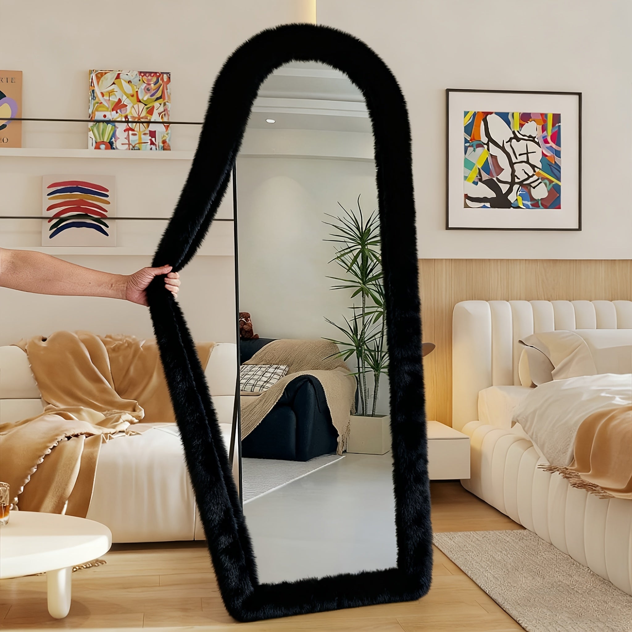 Full Length Floor Mirror Cover Fluffy Stretchable 64¡±x21¡± - Soft Non-Slip Irregular Shape Bedroom Dressing Room Mirror Sleeve 6 Colors