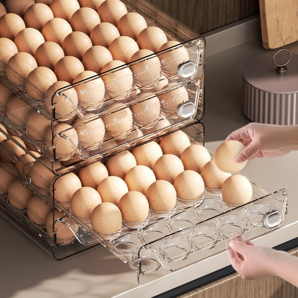 Egg Storage Box for Refrigerator 40 Eggs - Transparent Double-Layer Drawer Style Egg Container, Fresh-Keeping Stackable Egg Holder for Fridge, Kitchen Egg Organizer with Lid