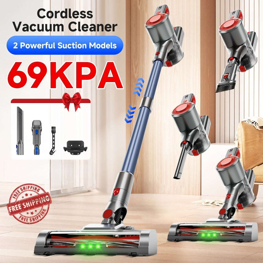 Anti-Tangle LED Vacuum Cleaner 55-69Kpa Corded & Cordless with Green LED Brush, Removable Battery & Multiple Suction Levels - Up to 45 Min Runtime for Carpets, Pet Hair & Hardwood Floors, 7 Colors