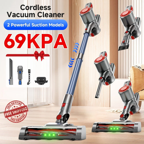 Anti-Tangle LED Vacuum Cleaner 55-69Kpa Corded & Cordless with Green LED Brush, Removable Battery & Multiple Suction Levels - Up to 45 Min Runtime for Carpets, Pet Hair & Hardwood Floors, 7 Colors