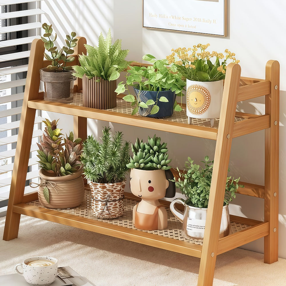 Bamboo Countertop Shelf Organizer 2-Tier - Trapezoidal Wooden Storage Rack for Kitchen Office Bedroom and Desk, Space Saving Riser Shelf for Coffee Cups Books Plants and Everyday Items, Available in Medium, Large or 2 Piece Set