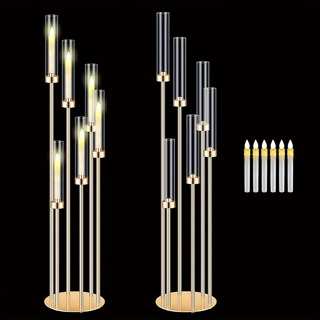 Floor Candelabra 6-Arm 46 Inch Gold Metal Candlestick Set with 12pcs LED Candles & Acrylic Shades, Tall Wedding Centerpiece Candle Holder for Valentine's Day Anniversary Party Home Decor