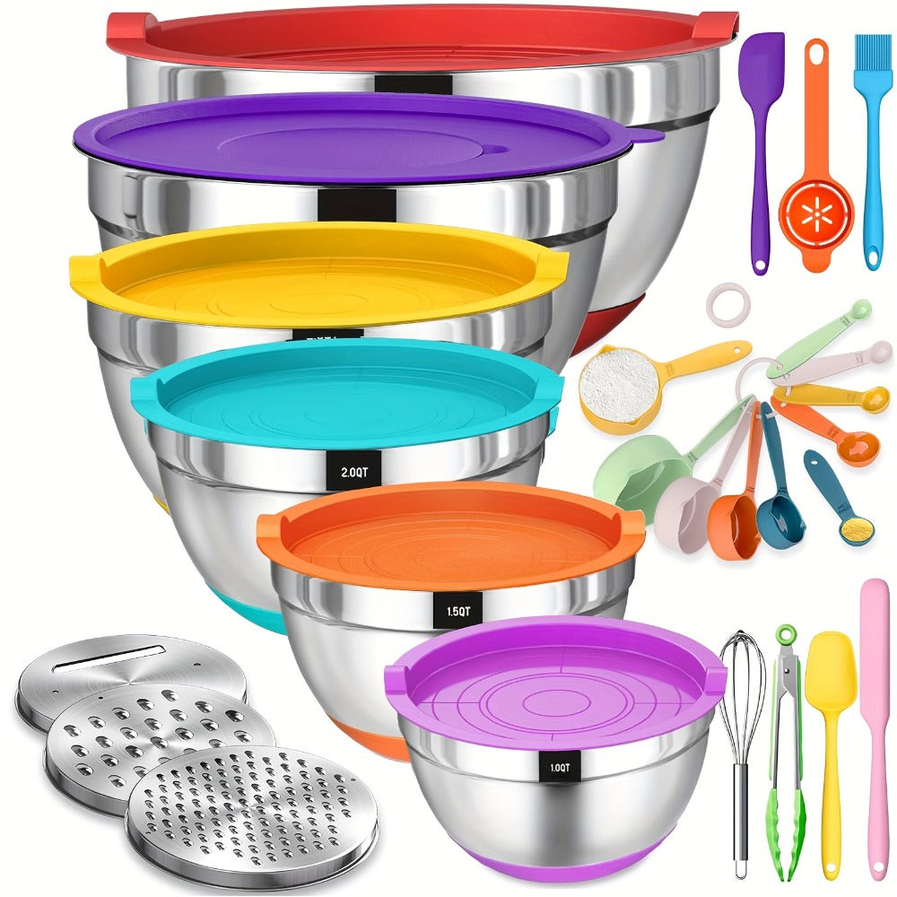 Mixing Bowls Set with Airtight Lids ¨C 26pcs Stainless Steel Bowl Set with 3 Grater Attachments, Non-Slip Bottoms, Sizes 1¨C7QT ¨C Kitchen Bowls for Mixing, Serving, Baking & Meal Prep