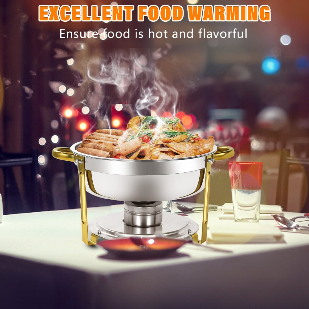 Golden Chafing Dish Buffet Set with Glass Lid 6QT Round Stainless Steel Food Warmer Chafer for Catering Party Dinners Weddings, Titanium Gold Finish, 2 & 4 Pack
