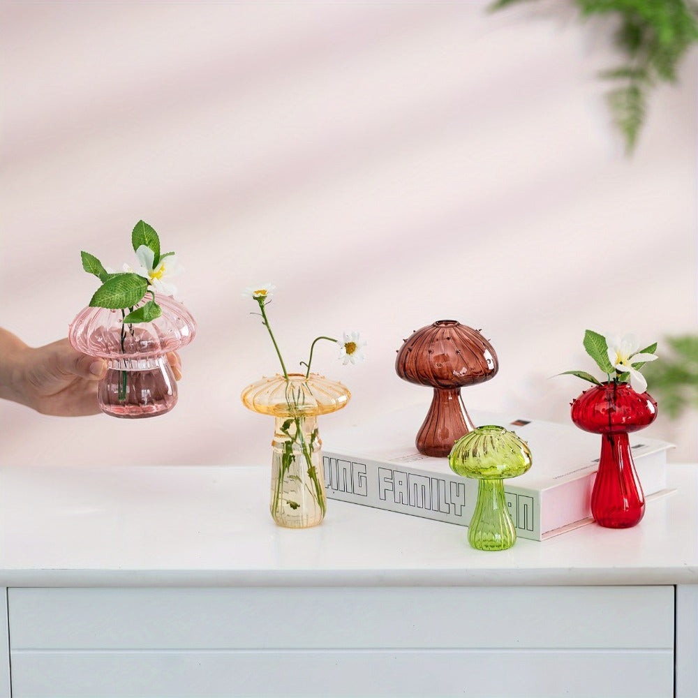 Glass Mushroom Vase Set 10 Pack Colored Small Bud Vases for Flowers, Cute Cottagecore Hydroponic Propagation Vases with Stripe Pedestal Design for Home Room Kitchen Office Windowsill Decor