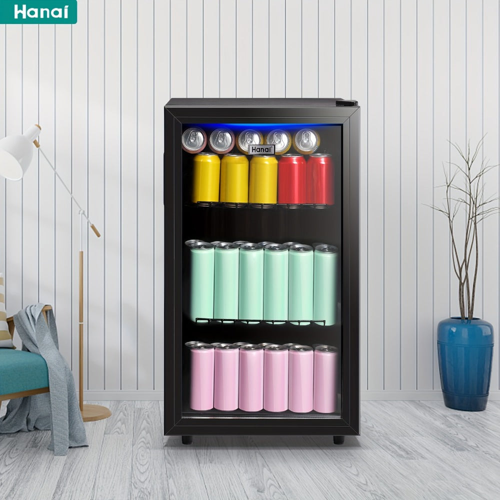 Beverage Refrigerator with Glass Door, Mini Drink Cooler Fridge with Blue LED Light, 3 Adjustable Shelves & R600a Compressor ¨C 1.7 or 3.5 Cu Ft Freestanding Bar Fridge for Home, Office, Dorm and Bar