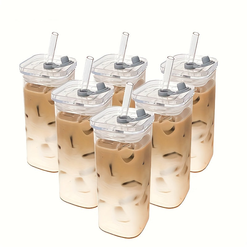 Square Glass Cups with Lids and Straws Set - 13oz BPA-Free Coffee Drinking Glasses for Home Office Outdoor