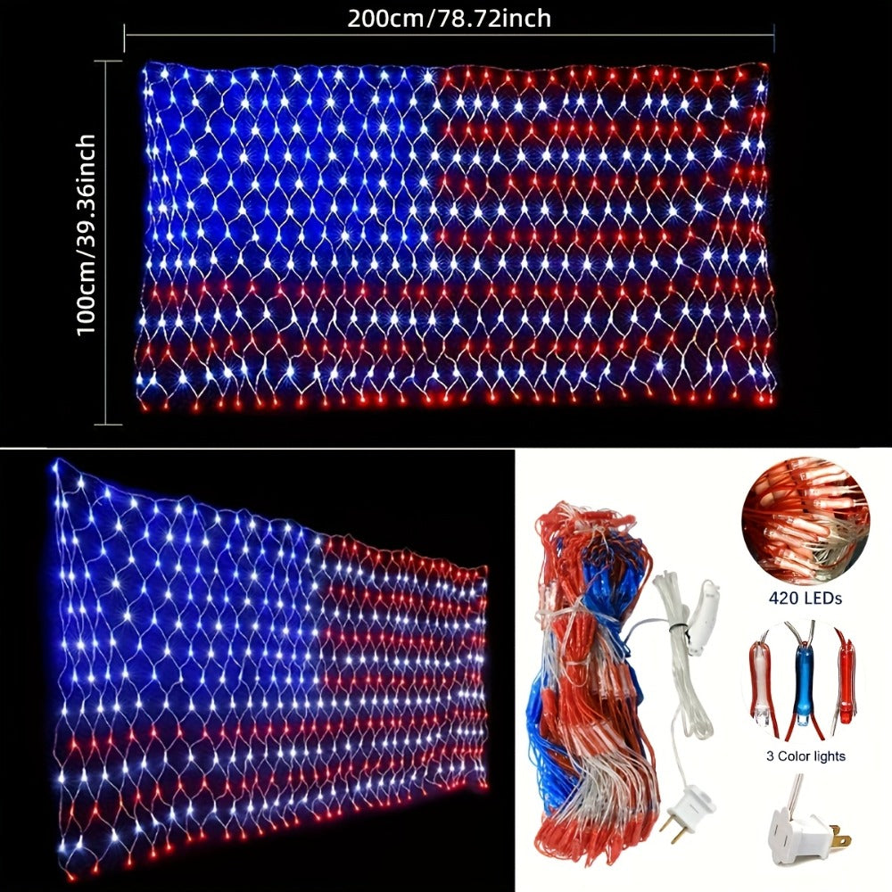American Flag LED Net Light 420 LEDs ¨C Patriotic String Lights for 4th of July, Memorial Day, Independence Day, Christmas & New Year, Indoor Outdoor Garden Yard Decor, Plug-In 6.6x3.3ft