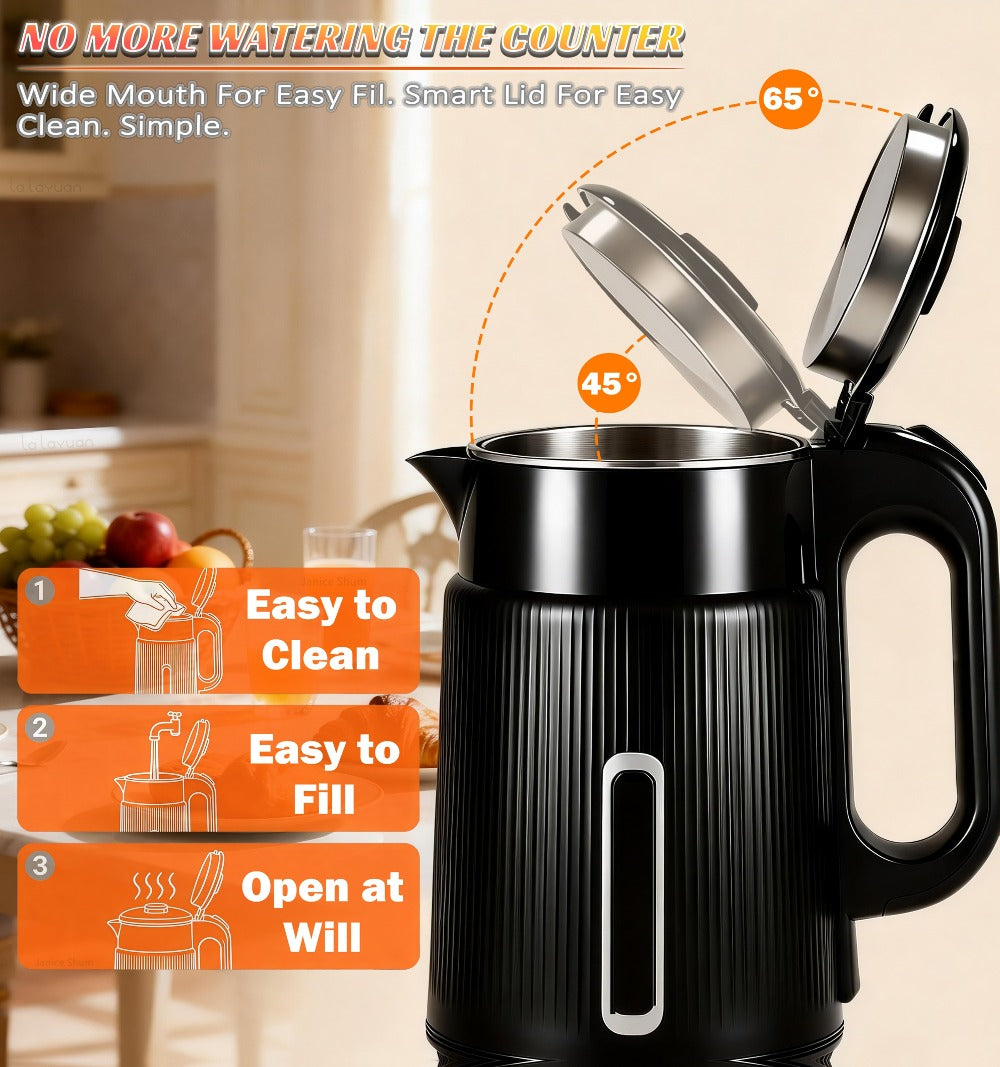 Electric Kettle 1000W Double Wall Stainless Steel ¨C 57.48oz 304 SS Hot Water Kettle with 360¡ã Rotary Base, LED Light, Auto Shut-Off & Boil-Dry Protection, Instant Water Warmer for Coffee & Tea ¨C Black