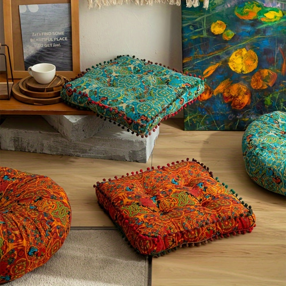 Moroccan Boho Chair Cushion Seat Pad with Cover Fiberfill Stuffed Bohemian Floor Cushion for Outdoor Indoor Chairs Benches Living Room Bedroom Hand Washable Decor