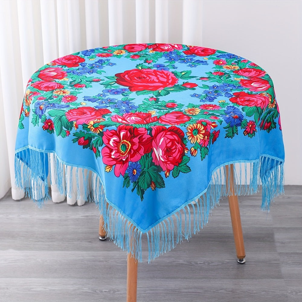Floral Square Tablecloth with Tassels - Multicolor Flowers, Machine-Washable Polyester, Kitchen & Dining Room Table Cover with Tassel Trim