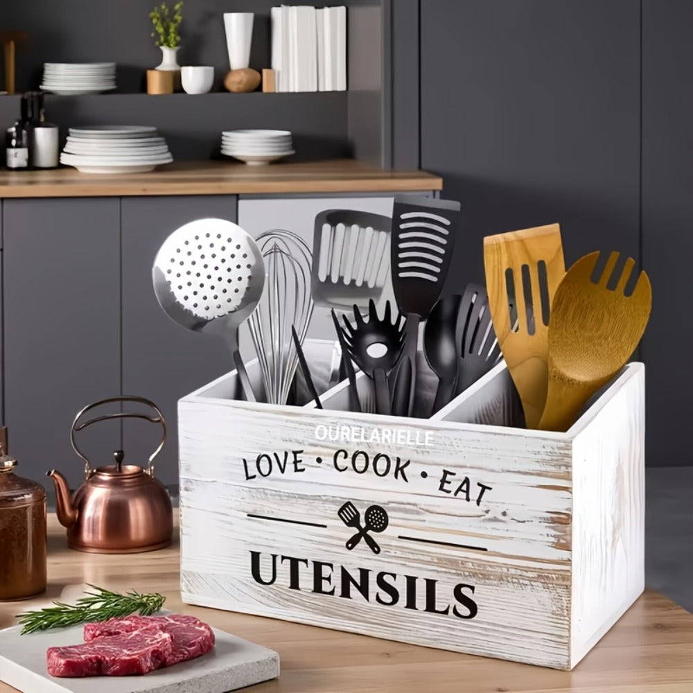Wooden Cutlery Storage Box with Grid Compartments Chopstick Organizer Rack with Metal Accents for Kitchen Drawer Bedroom Desk Home Organization in Natural White Black