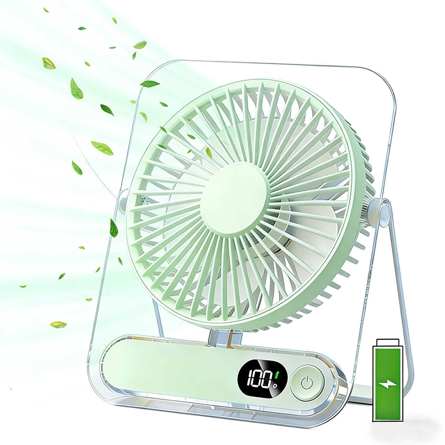 Desk Fan Portable USB Rechargeable 3000mAh Battery 5-Speed Adjustable 180 Degree Foldable Ultra Quiet Digital Display Acrylic for Home Office Travel Lightweight Cooling Fan