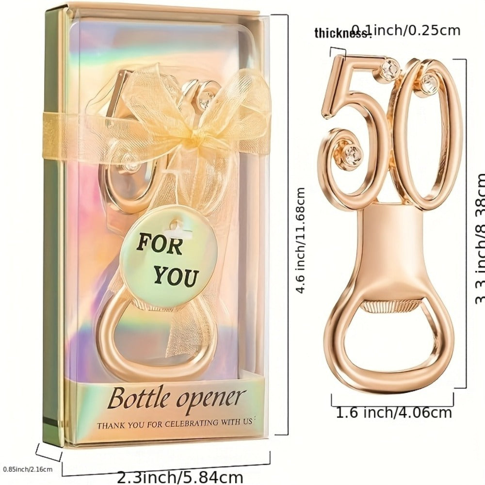 Rhinestone Bottle Opener Party Favors 50 Pack - Gold 50th Birthday & Wedding Anniversary Souvenirs for Guests, Decorative Beer Opener Bulk Party Favors with Rhinestone Bling Decoration
