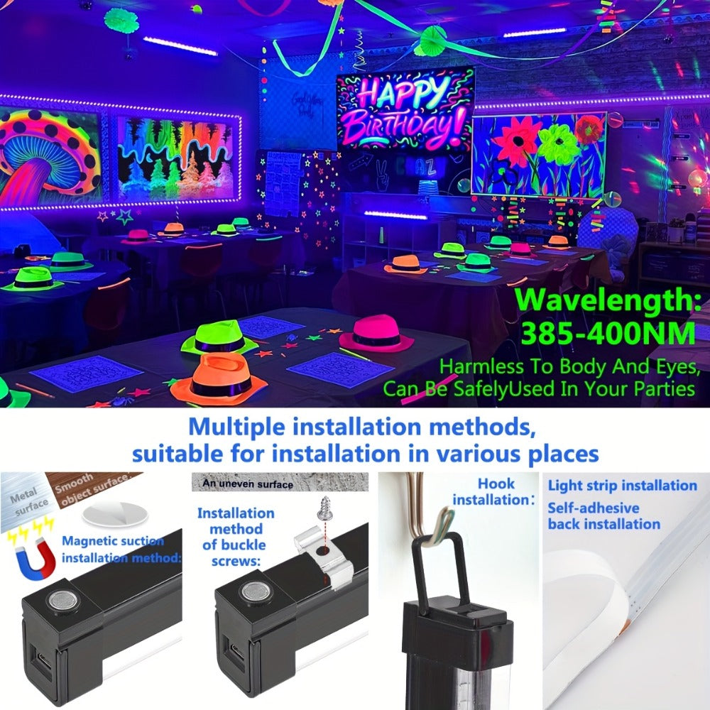 UV Black Light Bars & Strips 8-Piece Set ¨C 385-400nm USB Powered 5V LED Blacklight for Glow Party, Halloween, Neon Party, Body Paint & Fluorescent Art (4x32cm + 4x250cm)