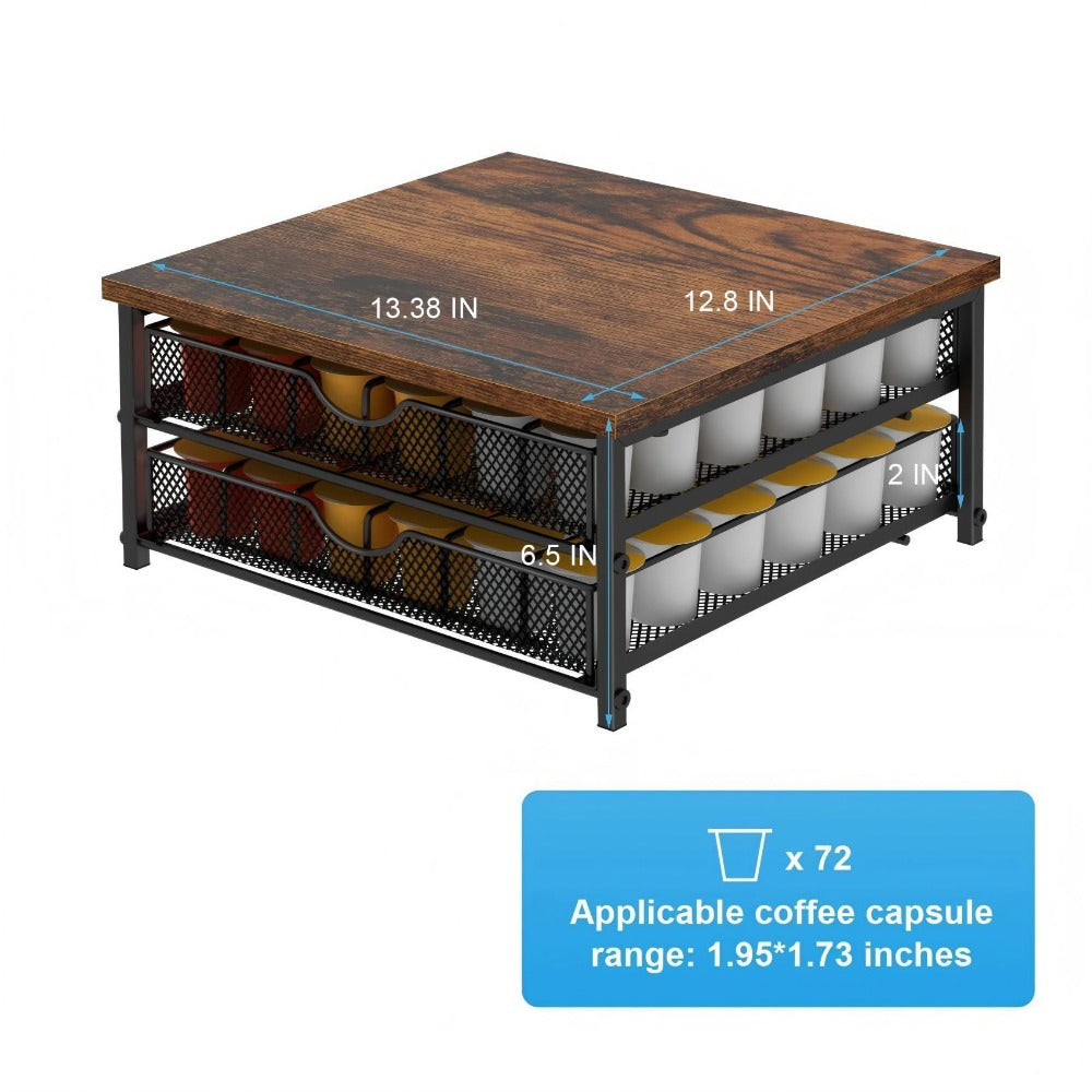 K-Cup Coffee Pod Holder 72 Capacity ¨C 2-Tier Sliding Drawer Coffee Pod Organizer with Wood Top & Metal Frame, Non-Slip Base, Stackable Countertop Storage for Home, Office & Cafe ¨C Silver