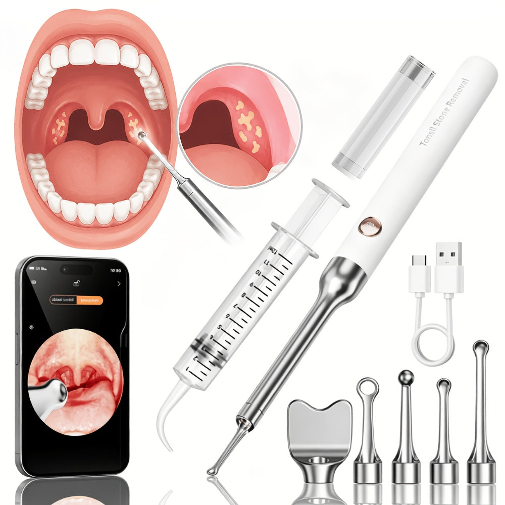 Tonsil Stone Remover with Camera - 1080P HD Visual Tonsil Stone Removal Tool with LED Light, 5-in-1 Stainless Steel Tips, Wi-Fi App Control, USB-C Rechargeable, Compatible with iOS & Android