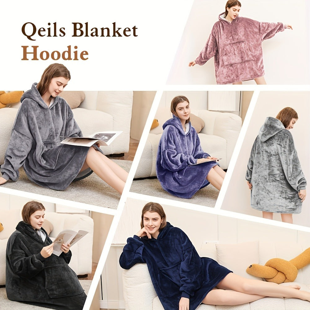 Reversible Hooded Wearable Blanket ¨C Double-Sided Coral Fleece Suede Hoodie with Kangaroo Pocket, Machine Washable, 6 Colors