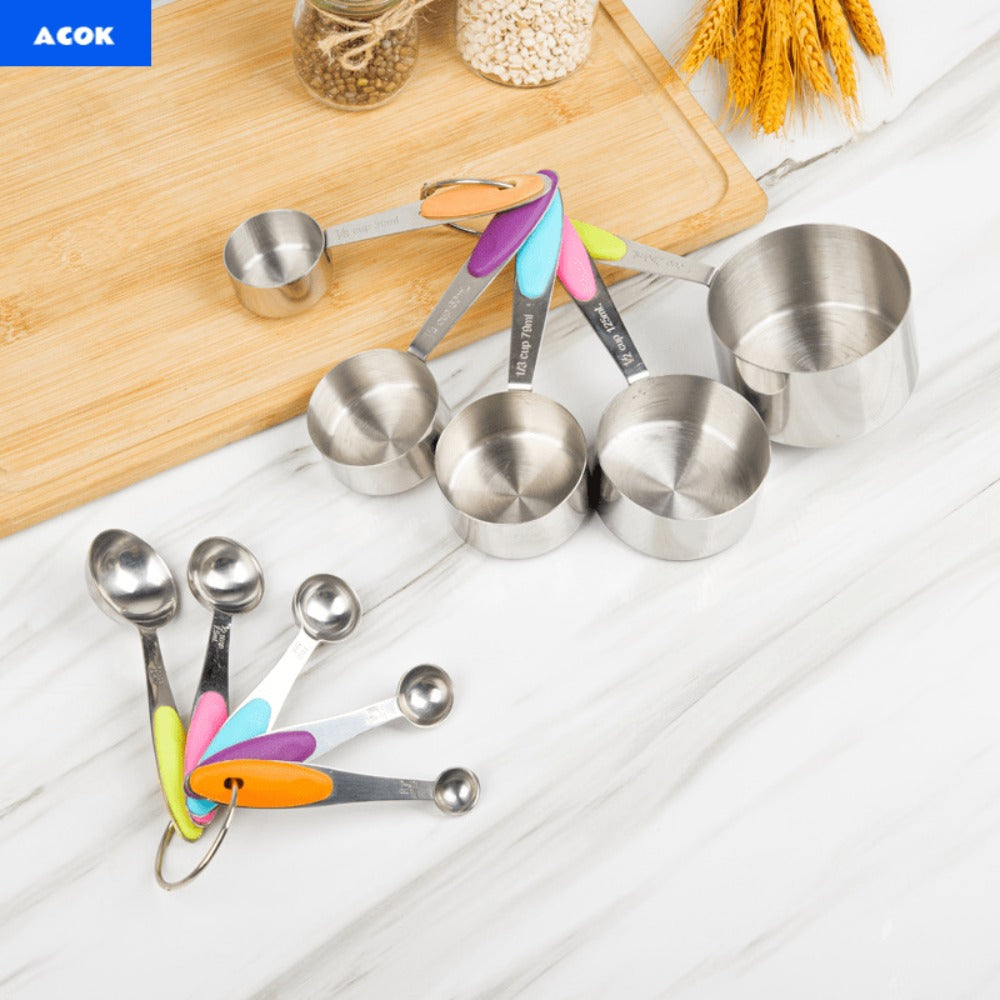 Measuring Cups and Spoons Set 10-Piece Stainless Steel with Silicone Handle ¨C Precise Baking & Cooking Measurement Tools | Dishwasher Safe | Christmas Kitchen Gift