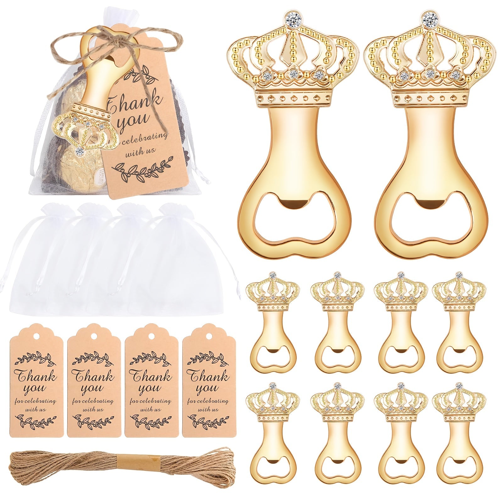 Crown Bottle Opener Wedding Favors 10 Sets 31pcs - Rose Gold Party Gift for Guests with Organza Bag Thank You Tag Twine for Bridal Shower Birthday Baby Shower Bar Kitchen
