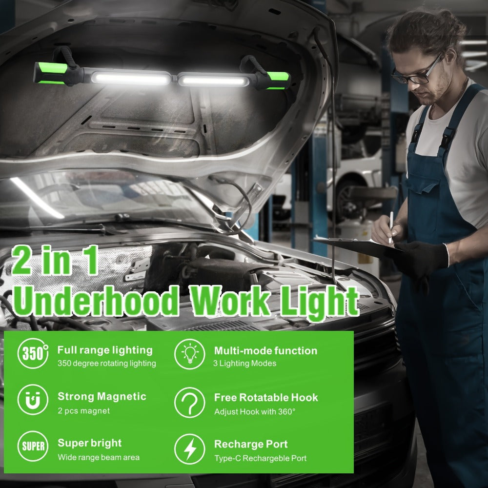 LED Work Light Rechargeable Cordless with Magnetic Base & Hook ¨C Portable Mechanic Floodlight, Adjustable Brightness, Motion Sensor Control, Waterproof for Car Repair, Workshop, Garage, Outdoor & Emergency Use