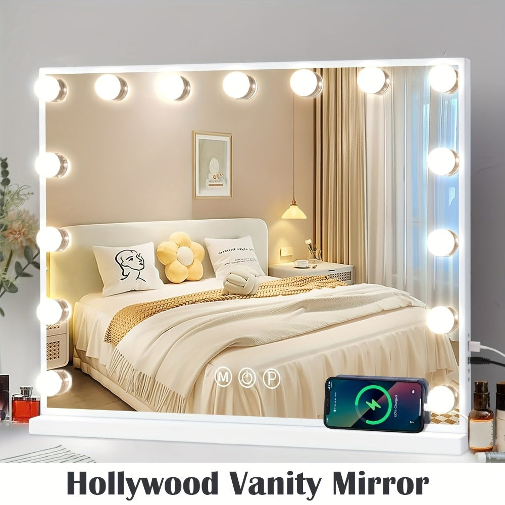 Hollywood Vanity Mirror with Lights ¨C 15 LED Bulbs, 3 Color Modes, Dimmable Brightness, 23x18 Inch, USB & Type-C Charging, Touch Control, Desk & Wall Mount, Metal Frame Makeup Mirror