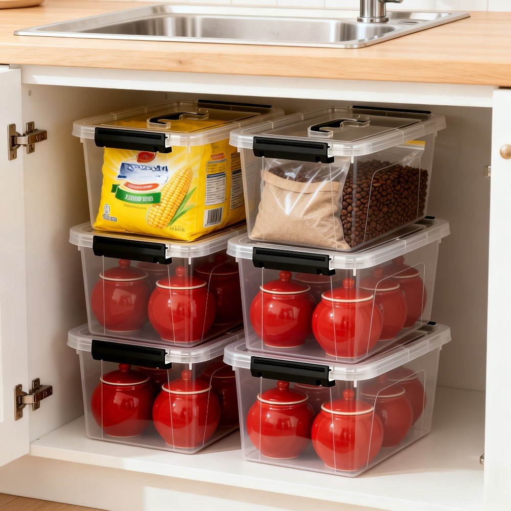 6-Pack Clear Storage Boxes with Latches & Lids ¨C 6 Quart Stackable Plastic Organizer Containers for Home, Bedroom, Bathroom & Kitchen