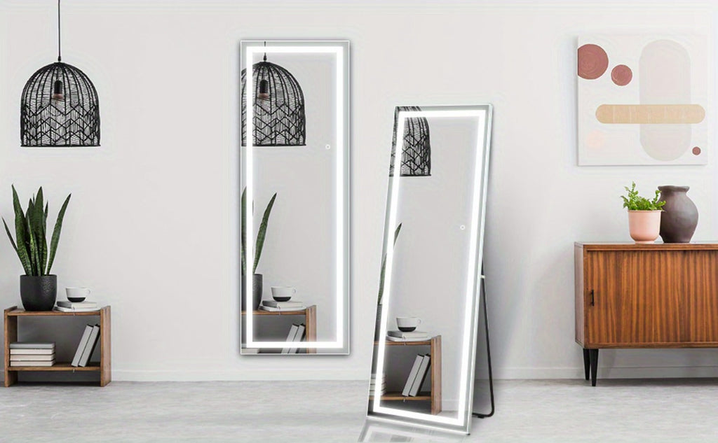 LED Full Length Mirror with Lights, Touch Control Lighted Full Body Mirror, Free Standing Wall Mounted Leaning Bedroom Mirror with LED Light Strip for Dressing Room Vanity