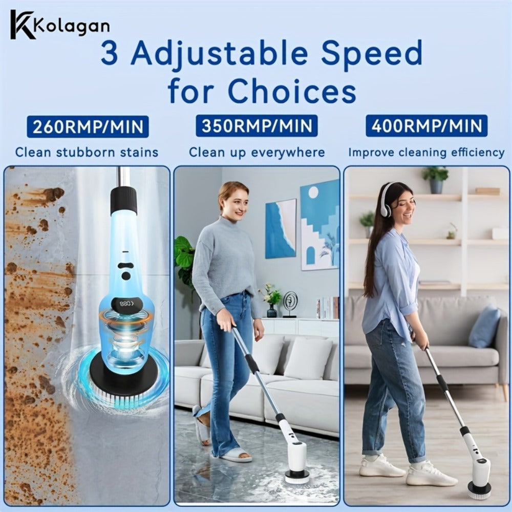 Electric Spin Scrubber 7-in-1 Cordless Rotary Cleaning Brush 7 Interchangeable Heads 3 Speed Settings Adjustable Extension Arm Power Display for Bathroom Shower Tile Grout Kitchen