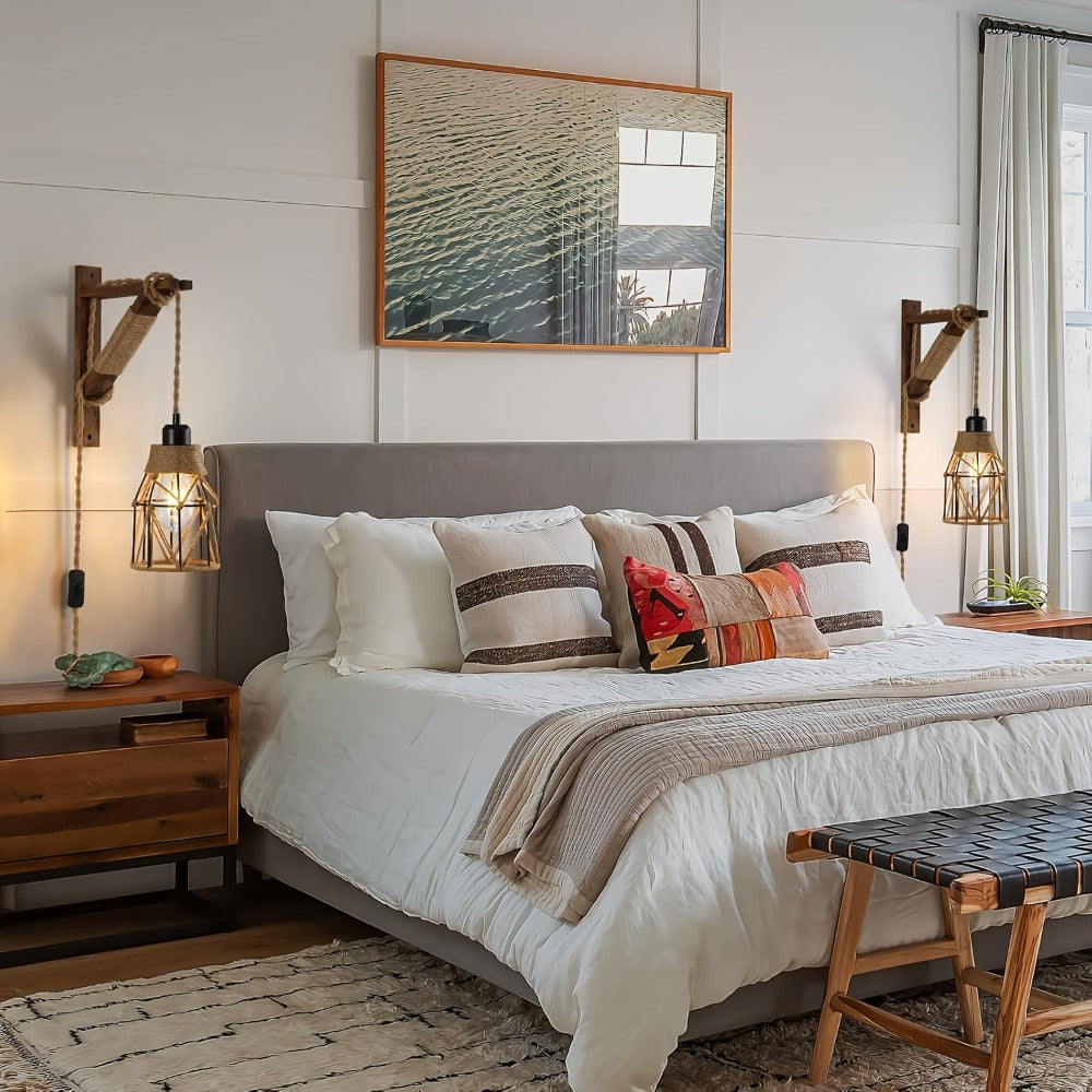 Plug In Wall Sconces Set of 2 or 1 ¨C Rustic Farmhouse Wall Lamp with Metal Cage & Wooden Bracket, Plug-Into-Outlet Hanging Light for Bedroom, Living Room & Headboard