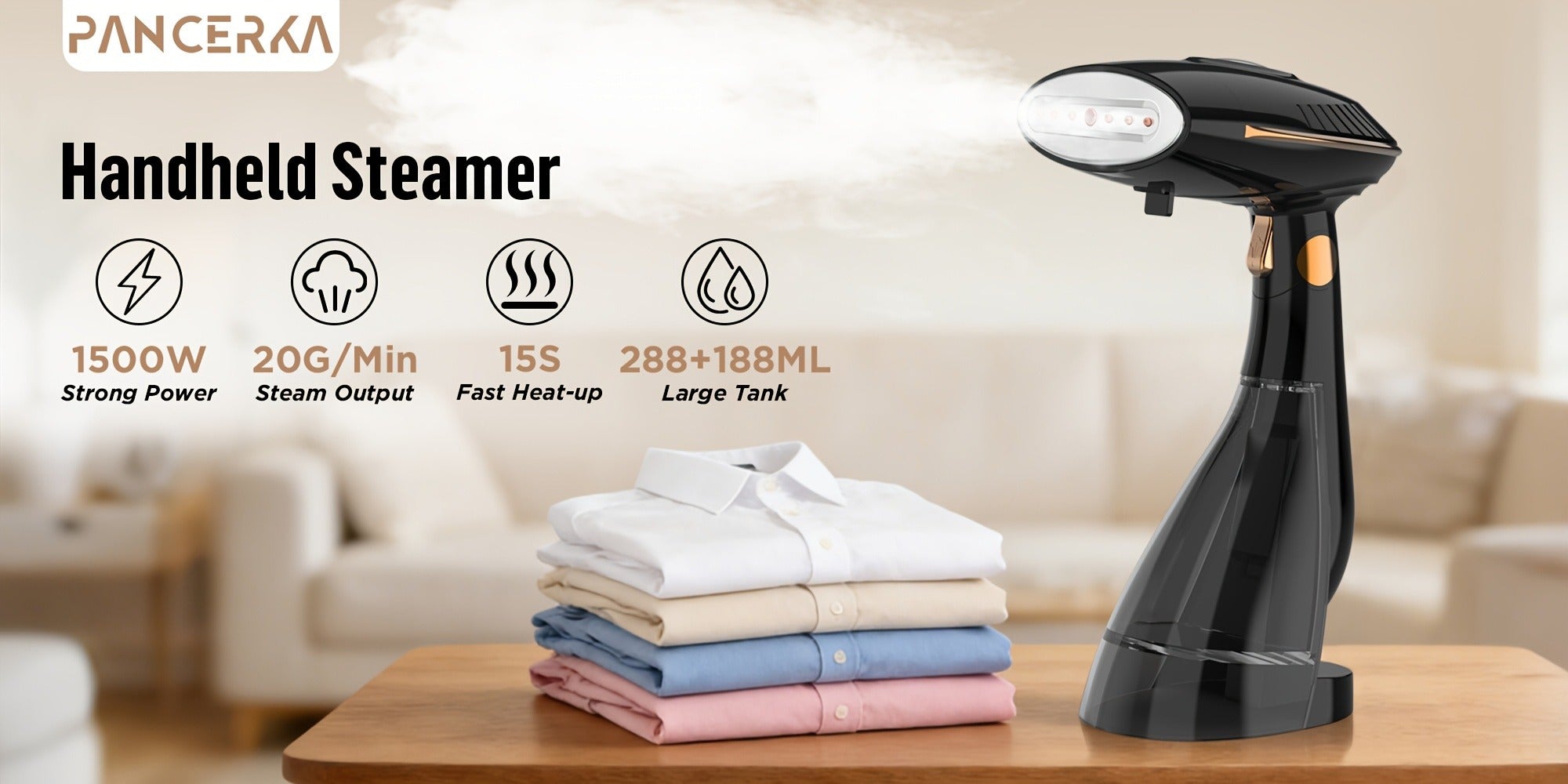 Handheld Garment Steamer 1500W Portable Fabric Steamer Quick Heat Continuous Steam for Removing Wrinkles Creases from Clothes Curtains Upholstery Travel Home Use