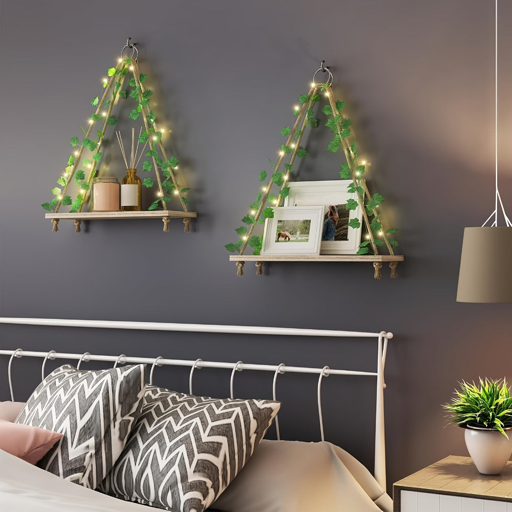 Floating Wall Shelves with Artificial Ivy LED Strip Lights Macrame Boho Wood Hanging Shelf Plant Wall Decor Bedroom Living Room Bathroom 15.7 Inch