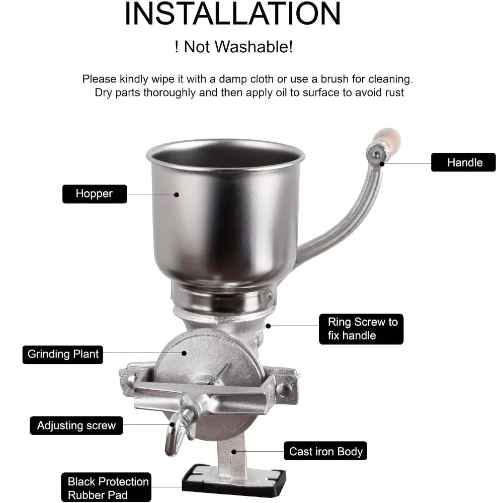Cast Iron Grain Mill Manual Grain Grinder | Heavy Duty Hand Crank Food Mill | High Hopper with Clamp & Shield | Grinds Nuts Flour Corn Wheat Coffee | Kitchen Manual Grinder