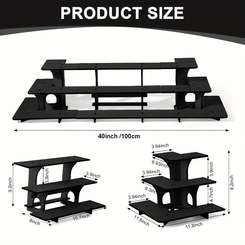 3-Tier Wooden Corner Display Stand Set of 3 Portable Shelf Rack for Retail Tabletop & Countertop - Craft Show, Farmers Market & Trade Show Small Product Display Rack, Vintage Black Wood Organizer