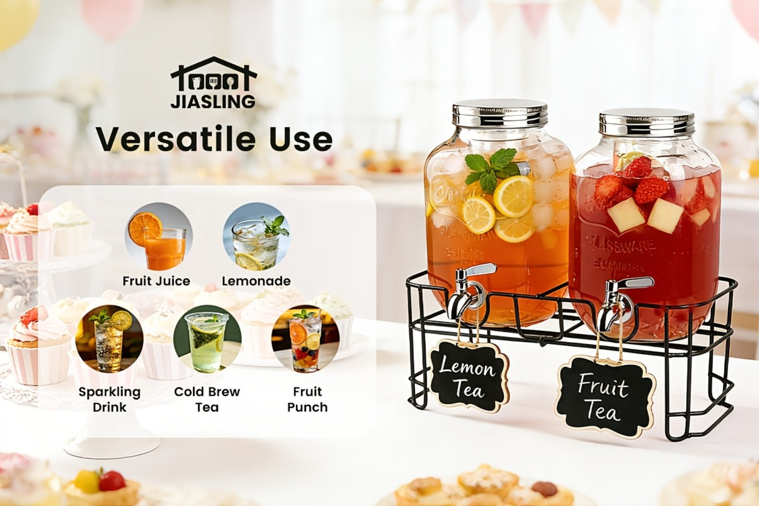 Glass Drink Dispenser with Fruit Infuser, Ice Cylinder & Stainless Steel Spigot ¨C 1 Gallon Beverage Dispenser with Stand for Parties, Weddings, BBQ & Lemonade