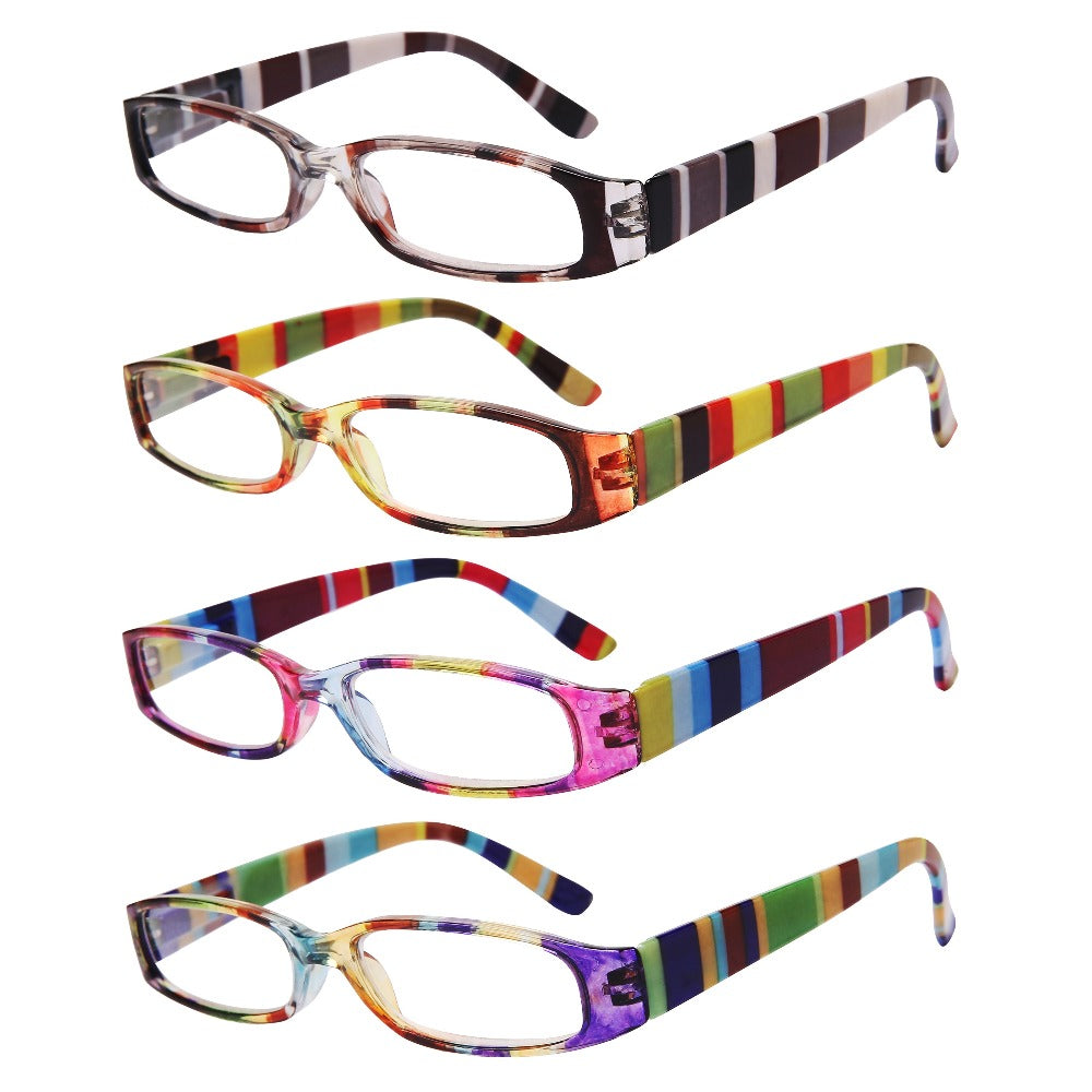 Reading Glasses 4-Pack Retro Rectangle Spring Hinge Multi-Strength for Men and Women ¨C 1.0x to 4.0x Magnification Colorful Printed Frames Eyeglasses Set