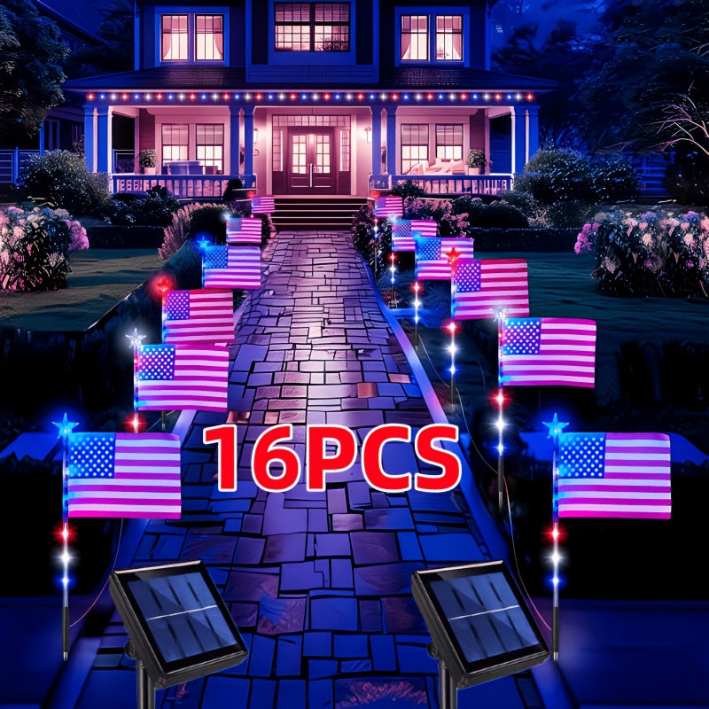 4th of July Solar Ground Stake Lights | Red White Blue National Flag Outdoor Lights 8 Modes | Solar Walkway Lights for Independence Day Memorial Day Porch Patio Garden Decor