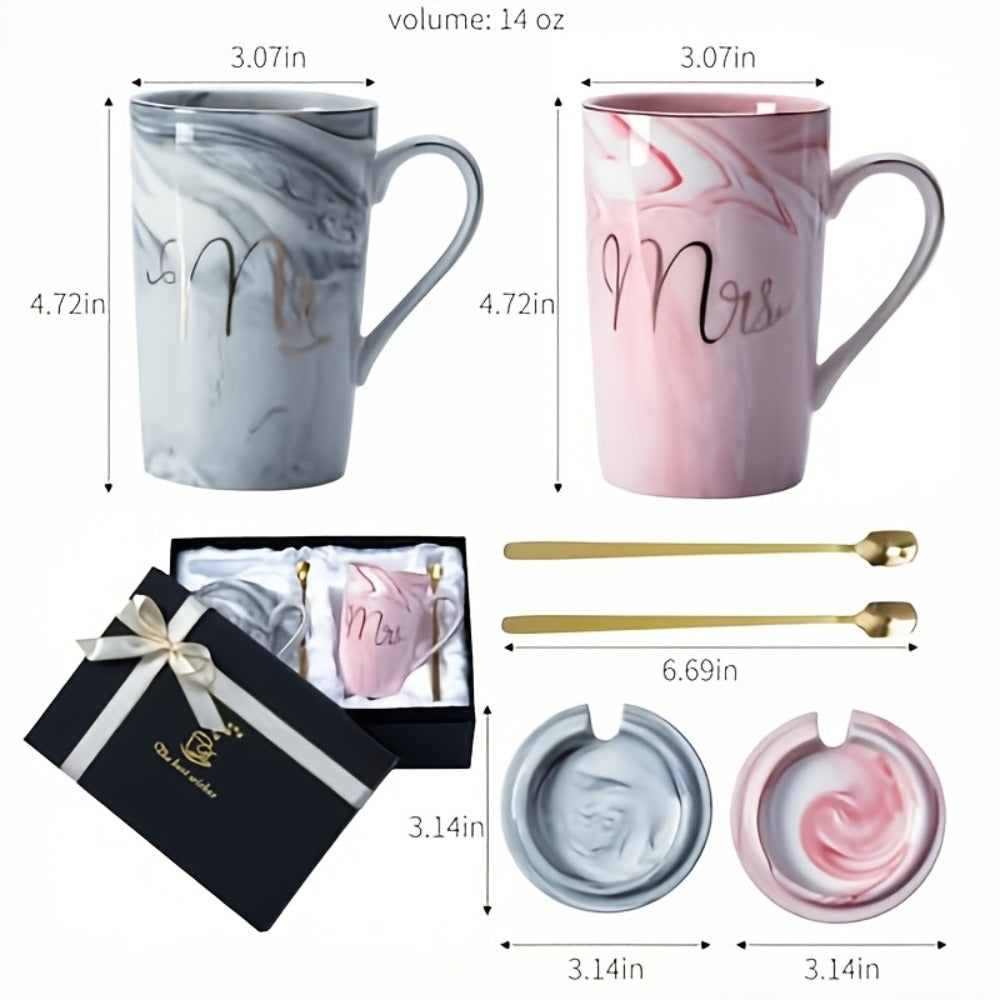 Mr and Mrs Mugs Wedding Gift Set 14oz Ceramic Marble ¨C Bride and Groom Couples Mugs | Bridal Shower Engagement Anniversary Gift | Reusable Grey Pink Couple Coffee Mugs