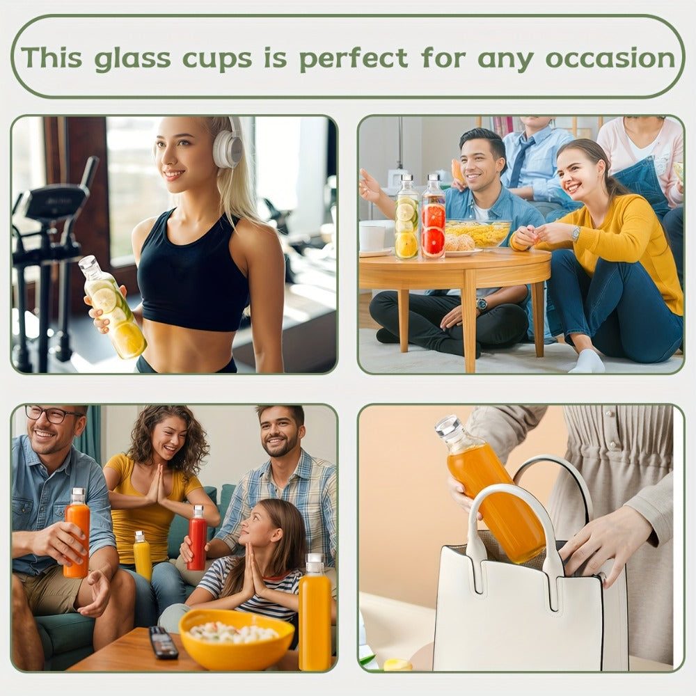 Borosilicate Glass Water Bottle Set of 6 with Lid Sleeve and Cleaning Brush ¨C 18oz Reusable Juice Bottles | Non-Slip Sports Drinking Vessels for Home Office Gym Travel