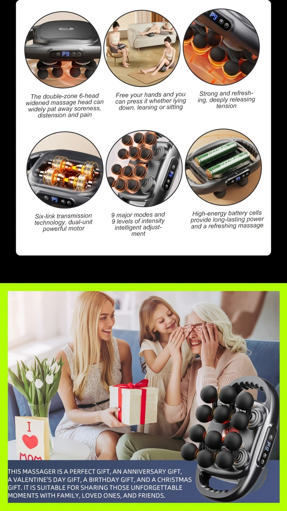 Massage Gun for Deep Tissue Relief ¨C Cordless Percussion Massager with 9 Speeds & 9 Modes, Multiple Heads for Back, Neck, Shoulders, Legs & Feet | Gift for Dad & Mom