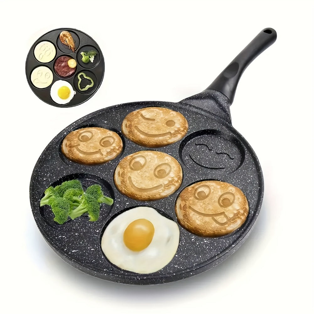 Non-Stick Pancake Pan 7-Hole Smiley Face ¨C Fun Breakfast Egg & Bacon Frying Tray for Kids & Family, Easy to Clean, Mini Pancake Maker Baking Pan Kitchen Cooking Tool