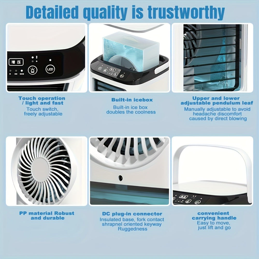 Portable Air Cooler Fan USB Humidifier with Rainbow Ambient Light, 3-Speed Atomization Misting Fan with Large Ice Box and Low Noise, Personal Desktop Cooling Fan Gift for Home, Office and Bedroom