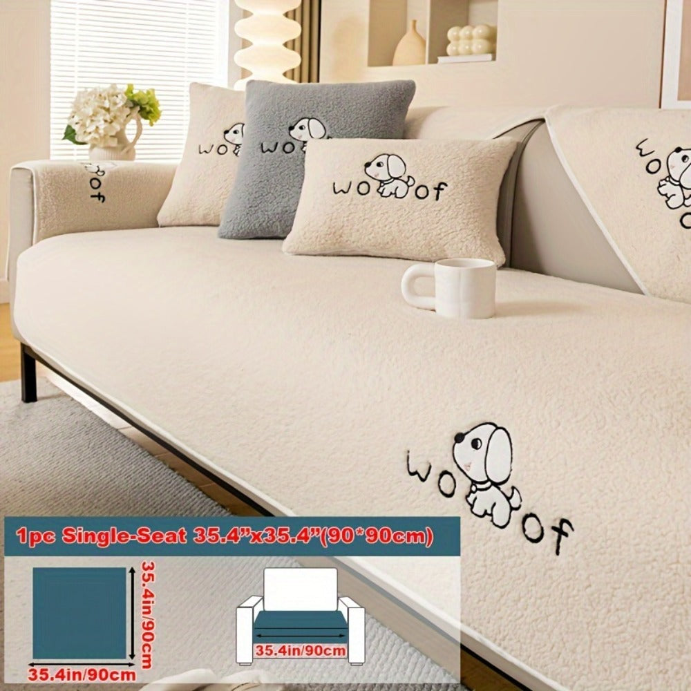 Sherpa Plush Sofa Cover Non-Slip | Thick Fleece Couch Protector, Pet Friendly Furniture Shield, 1 to 4 Seat, Armrest Backrest Pillowcase, Deep Gray Light Gray Coffee Off White